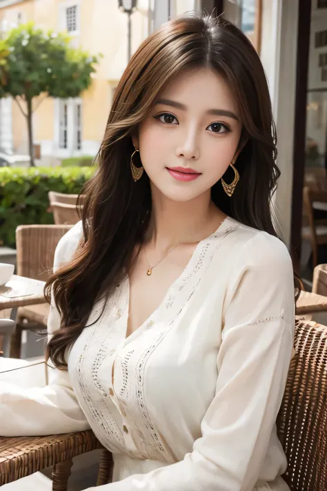 masterpiece、Best Quality、Genuine、 very detailed、Subtle details、 high resolution on down、8k wallpaper、Beautiful woman、Wear a nice blouse、 on a nice cafe terrace、noon、Light brown messy hair、 perfect dynamic configuration、 beautiful beautiful eyes、nice big earrings、chest、