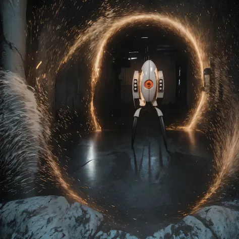 6+ portal_turret\(red eyes, glowing, cable, one-eyed, non-humanoid robot, looking at viewer,inside (blue circle portal)\), laboratory. BREAK  .quality\(8k,wallpaper of extremely detailed CG unit, high resolution, top-quality, top-quality real texture skin, hyper realistic, increase the resolution, RAW photos, best quality, highly detailed, the wallpaper,golden ratio,high saturation realism, vibrant colors, dramatic lighting, persuasive storytelling, atmospheric scenery, captivating visuals, intricate details, strong emotions,dreamlike world\)