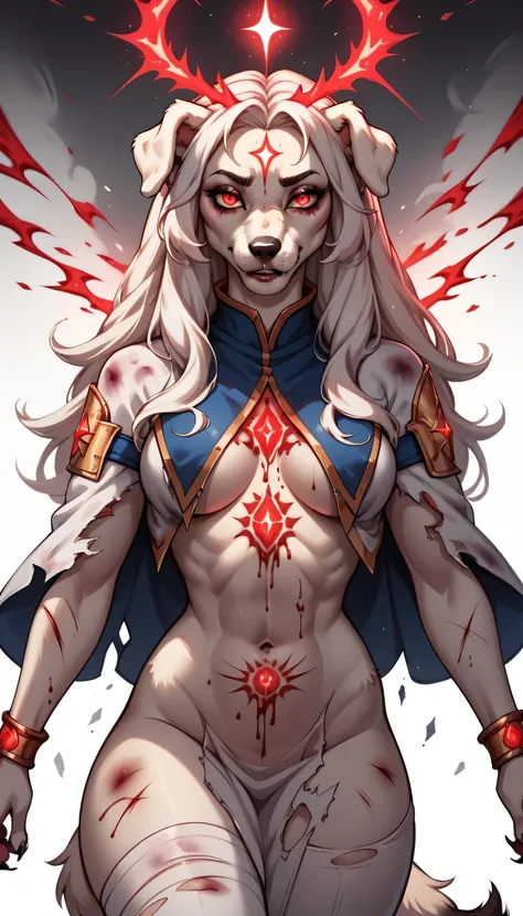 nsfw, solo, sexy dog woman, ((furry)), albino fur, long white hair, floppy ears, bushy tail, canus majori priestess, revealing p...