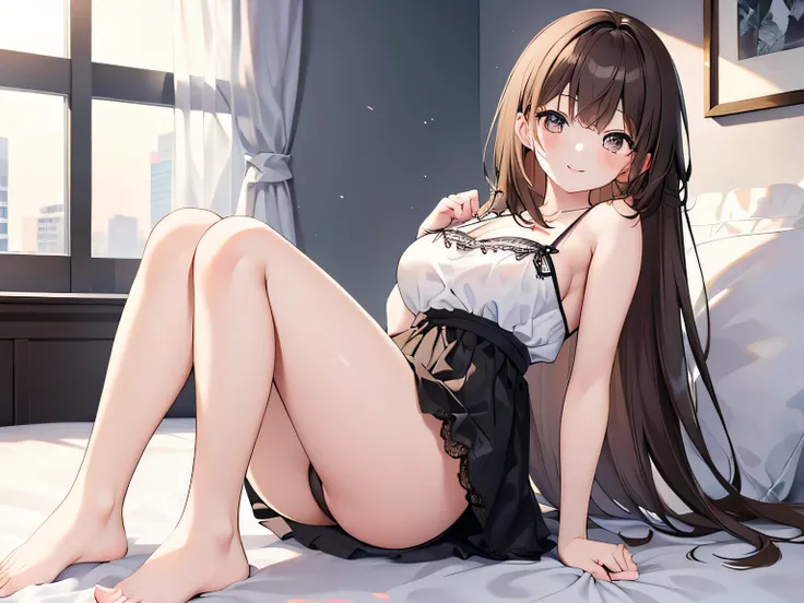 (Masterpiece, top quality, high resolution, realistic photo, realistic looking skin:1.1), 
(Woman sitting on bed in low-rise apartment in residential neighborhood:1.8), 
(short skirt reveals panties: 1.8),
(She has a happy smile on her face:1.8), 
(She is ...