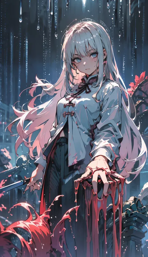 Masterpiece, best quality, night, outdoors, rainy days, branches, Chinese style, ancient China, 1 woman, mature woman, silver white long haired woman, gray blue eyes, light pink lips, cold, serious, weak, bangs, assassins, short knives, white clothes, blac...