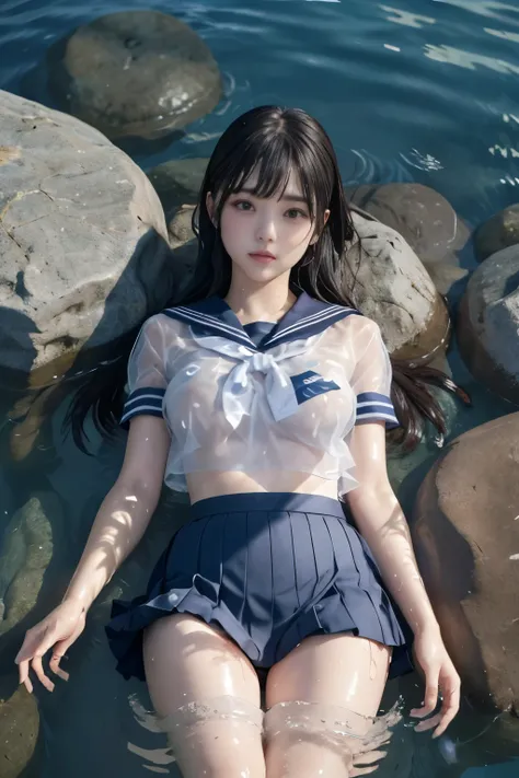 masterpiece、(Best Quality:1.4)、1girl、1boy、(nsfw)、Super detailed、 looking down from directly above Black Hair、Blunt Bangs、Wet Hair 16years old、 Japanese high school girl sailor suit、Navy Skirt、 transparent nipples 、see-through boob under sailor uniform Und...