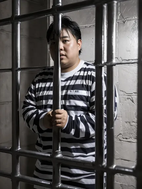 (highest quality:1.2, masterpiece:1.2), 8K, Professional Lighting, Cinematic Lighting, (1 Japanese boy), (((fat boy))), (big boy, tall boy, 16aged boy, he is high school student), (black hair, short hair:1.2), ((ultra realistic prisoner’s uniform, ultra de...