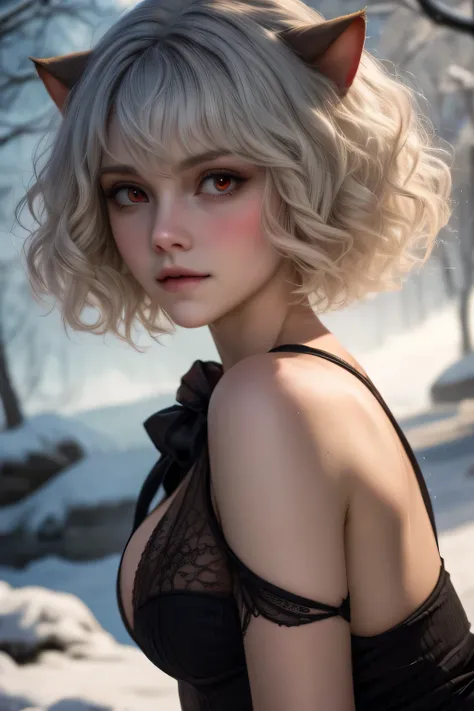 A high-resolution hyper-realistic portrait of Neferpitou, short hair, animal ears, hair between the eyes, tail, white hair, cat ears, cat tail, cat girl, curly hair, short white curly hair, showing her beautiful youthful features and delicate skin, posing ...