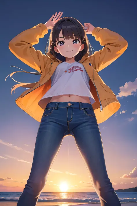 A beautiful brown long hair young girl of 14yo, smiling happily with arms raised behind her head, wearing a red short jacket and white t-shirt, flared jeans (1:1 ratio), and standing in a sexsual pose, orgasmic expression, view from below, detailed facial ...