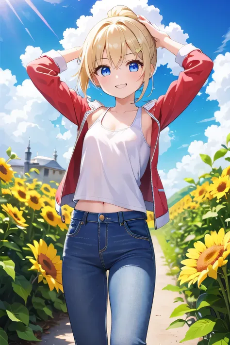 masterpiece,best quality,ultra detail,1girl, 14yo,petite,smile happy,flower garden,sunshine,cloud,ponytail hair, blue eyes, blonde hair, hair ornament, x hair ornament,Raise your arms and behind your head,White teeth, red short jacket, white tank tops, jea...