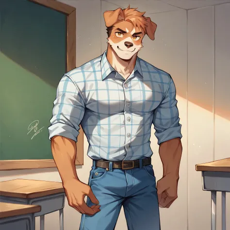 A DILF Blue heeler dog male. He stands infront of a classroom door. He has a plaid shirt on and blue jeans. He has a tiny chub in his pants. He stares blany at you.