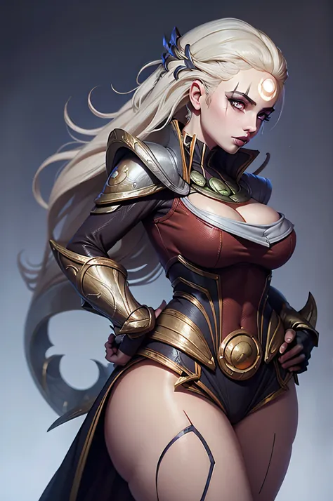 diana, league of legends, medium breast, (very tiny body), orange eyes, thick lips, big lips, cleavage, spear,