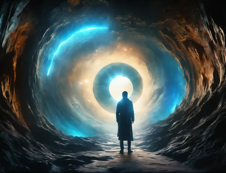 there is a man standing in a cave looking at a blue light, portal to another dimension, looking through a portal, portal to oute...