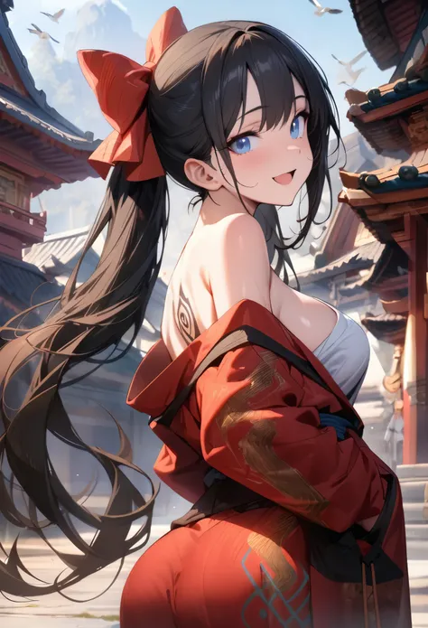 Arbitrary fusioner, visionary, clockwise, 1girl,black hair, white kimono, red kimono, open mouth, smile, off shoulder, blowing hair, wind, hair bow, bird on the shoulders, bird, slim body, breast, hand on behind pocket, head tilt, back view, blue eyes, exited expressed, beauty shot, slightly looking at viewer, ponytails, tribal tattoo, temple, detailed hair texture, ((masterpiece, best quality)), soft glow, (very aesthetic:1.3), (bloom:0.5), textured skin, accurate, anatomically correct, super detail