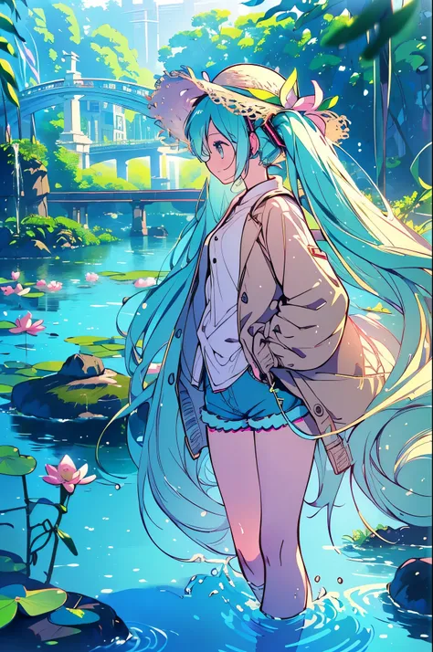 score_9, score_8_up, score_7_up, (masterpiece:1.2), (best quality:1.2), (digital illustration:1.2), intricate details, (1girl:1.3), (Hatsune Miku:1.4), (side profile:1.2), (walking on stone bridge:1.3), (calm | slightly curious expression:1.2), long hair, ...