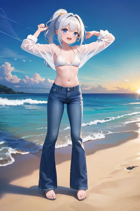 masterpiece,best quality,ultra detail,1girl, 14yo,petite,Laugh happily,background((under the beach, sunrise time, under sand beach, bright sky)), beautiful silver ponytail hair, hair ornament, x hair ornament,Raise your arms and bring them behind your head...