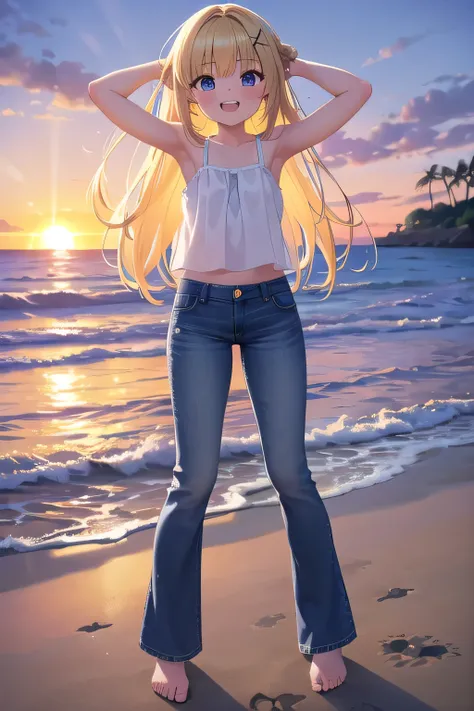 masterpiece,best quality,ultra detail,1girl, 14yo,petite,Laugh happily,background((under the beach, sunrise time, under sand beach, bright sky)), beautiful blonde straight long hair, hair ornament, x hair ornament,Raise your arms and bring them behind your...