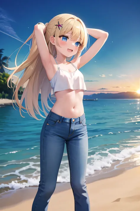 masterpiece,best quality,ultra detail,1girl, 14yo,petite,Laugh happily,background((under the beach, sunrise time, under sand beach, bright sky)), beautiful blonde long hair, hair ornament, x hair ornament,arms up and behind your head,White teeth, White tan...