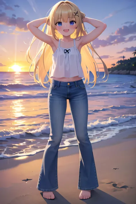 masterpiece,best quality,ultra detail,1girl, 14yo,petite,Laugh happily,background((under the beach, sunrise time, under sand beach, bright sky)), beautiful blonde straight long hair, hair ornament, x hair ornament,Raise your arms and behind your head, Whit...