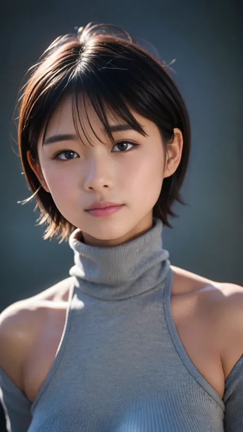 Best Quality,masterpiece, ultra high resolution,high definition raw color photo, professional photos , natural skin texture, fine skin, hyperrealism, Japanese Women,( Shortcut Hair, face up ,grey turtleneck)