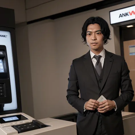 (a 35 year old japanese businessman),(short black hair 1.2),wearing black suits and white shirt,tying navy tie,(sad,serious expr...