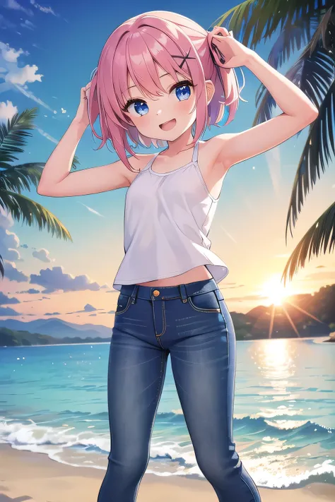 masterpiece,best quality,ultra detail,1girl, 14yo,petite,Laugh happily,background((under the beach, sunrise time, under sand beach, bright sky)), beautiful pink straight middle hair, hair ornament, x hair ornament,Raise your arms and bring them behind your...