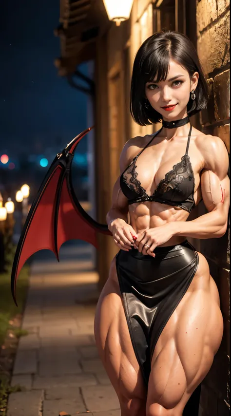 (muscular:2.5), (thick thighs:2.5),
(asian female, pale skin:1.3), (short black hair:1.7), (blunt bangs:1.5), (vampire:1.2), (vampire wings:1.8), (big smile:1.5), (long ears:1.3),
(red lipstick, eyeshadow, red lips, earrings:1.3),
(hard nipples), (perky br...