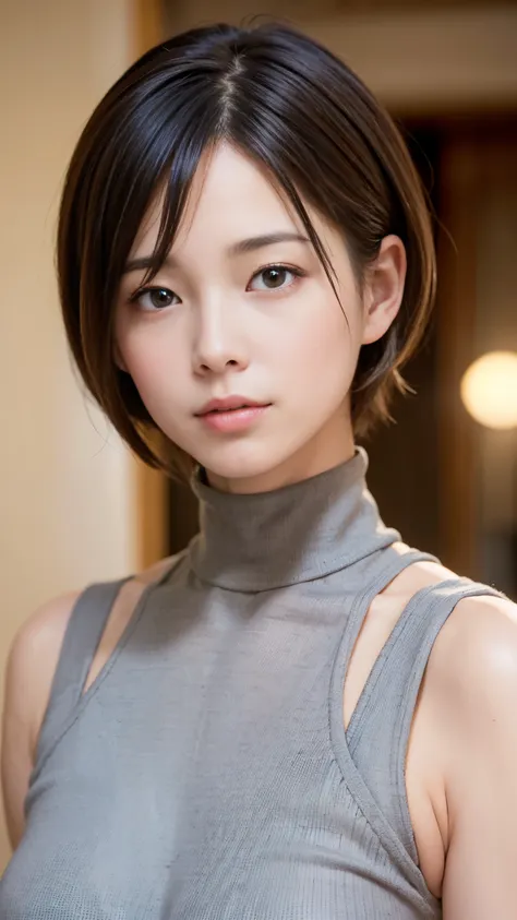 Best Quality,masterpiece, ultra high resolution,high definition raw color photo, professional photos , natural skin texture, fine skin, hyperrealism, Japanese Women,( Shortcut Hair,grey turtleneck)