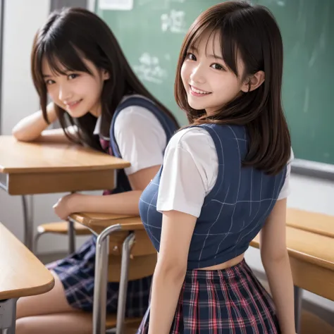 『 1 girl:1.3』最 high quality:1.2、 big breasts at the temple、 I can see a little cleavage、 navy blue sailor suit、short red plaid skirt(( young woman))、((Red cheeks)) is laughing、(masterpiece,最 high quality, high quality,Super detailed, extremely detailed, ul...