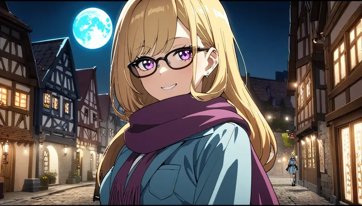 anime aesthetic, 1girl, anime character, schoolgirl walking through the empty streets, dark night, european medieval town, huge ...