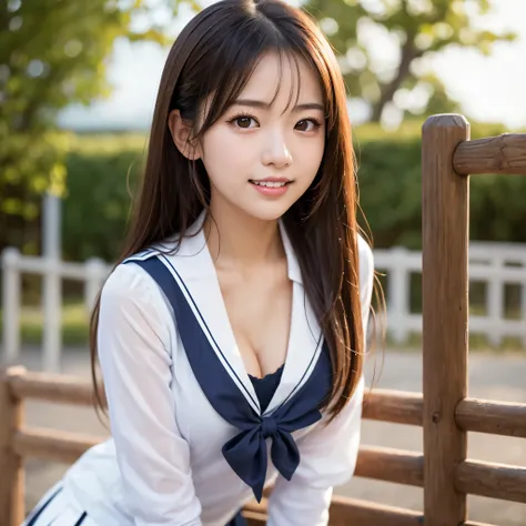 『 1 girl:1.3』Best Quality:1.2、 big breasts at the temple、 I can see a little cleavage、(( young woman))、(Red cheeks)) is laughing、((( anatomically correct、 perfect anatomy)))Super detailed, very detailed on playground equipment,Best Quality,masterpiece,Illu...