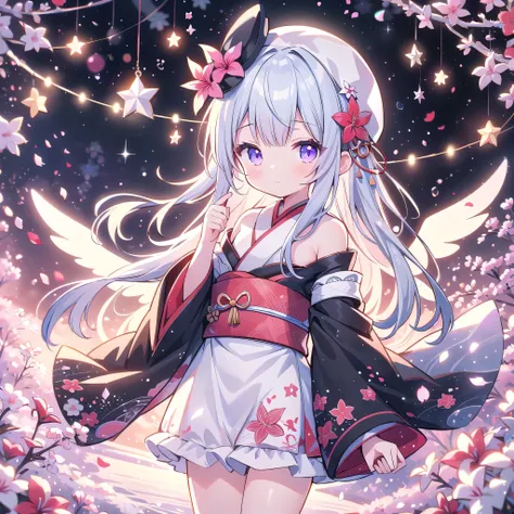 1girl, Closeup of Faces 、Standing directly in front of the viewer 、Symmetrical、 character sheet 、(((Best Quality、 masterpiece、Super detailed、 high definition、 perfect anatomy)))、Goth Kimono、Shoulders out、Hem with lots of frills 、Mini length、hair tied in tw...