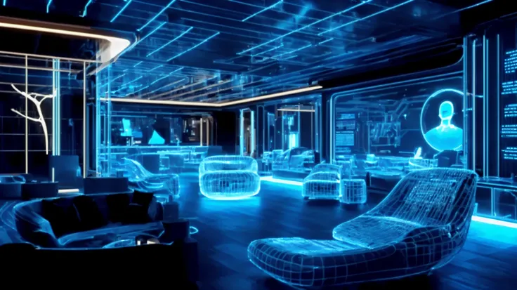 arafed lounge area with a lot of chairs and a lot of lights, futuristic room, sci-fi night club, tron legacy setting, futuristic...