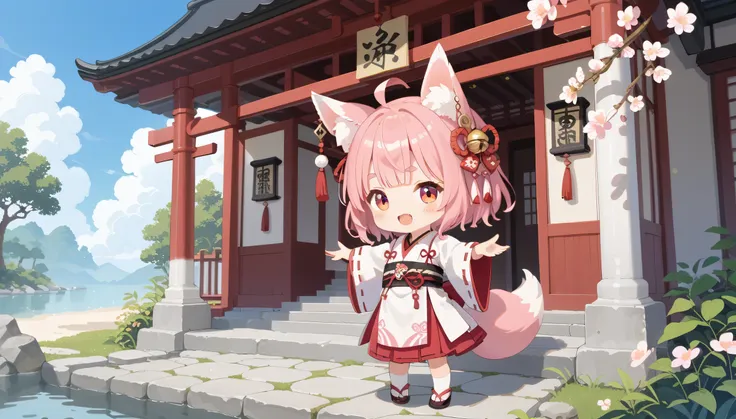 a girl with fox ears、pink hair、Chibi character、 deformed、 deformedキャラ、A pink tail is growing、Shrine Maiden Costume、full body、(Girls are the whole 1 /8, The girl is in the center:1.3)、Standing with hands outstretched、 characters、Character illustration 