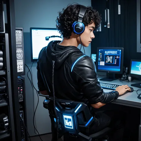 male、Creator、indoor、pc、Dark Room、cool、Curly hair、Short Hair、Composition、Rear view、 headphones、 cool、solo, cyber-、Mavel style 、 Japanese