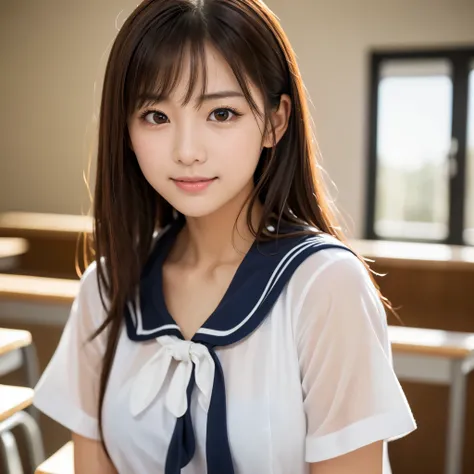 Best Quality、masterpiece、 high definition、16k quality、beautiful、 Light Brown Short Hair、ライトブラウンのbeautiful瞳、Schoolgirl uniform、（ sailor suit：1.5）、Voluptuous big breasts、 looking at the camera、A dreamy look、（Sexy Poses at School ：1.2）、 has a smiling face 、 O...