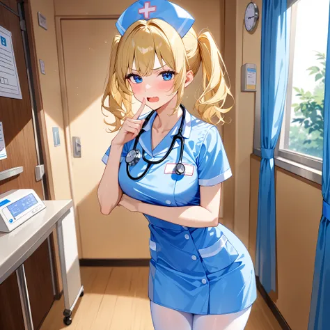 finger to mouth, A stethoscope、🩺、v-shaped eyebrows、wavy mouth、open mouth, blush、Beautiful mature nurse woman 、 solo, blonde hair medium hair、 twintail hair, blue eyes, nurse costume、Nurse cap、 white pantyhose、 cowboy shot、A consultation room、hospital、A war...