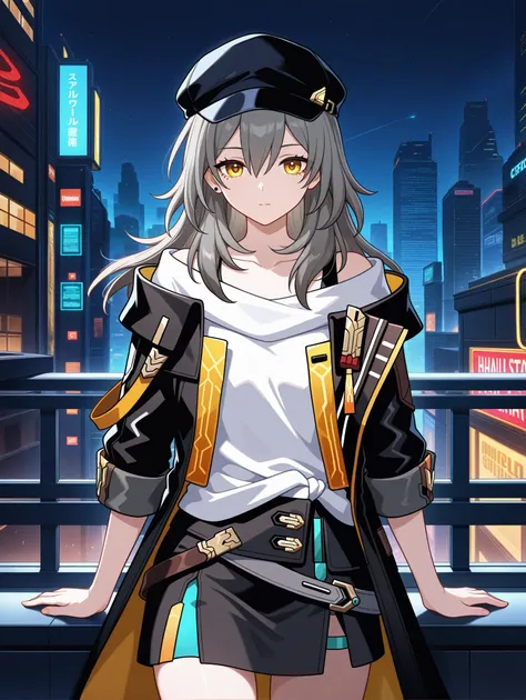 1girl,stelle \(honkai: star rail\), black skirt,flat chest, michael jackson,black jacket, buildings, cyberpunk, night, closed mo...