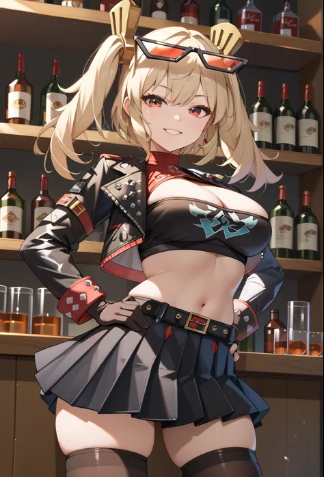 a girl wearing a black top and shorts standing next to some bottles, 1girl, solo, skirt, cropped jacket, jacket, open jacket, zettai ryouiki, breasts, black skirt, pleated skirt, navel, looking at viewer, midriff, open clothes, thighhighs, eyewear on head, stomach, gloves, black gloves, crop top, twintails, sunglasses, cleavage, hands on hips, miniskirt, skindentation, thighs, black jacket, long sleeves, belt, smile, cowboy shot, red eyes, black thighhighs
