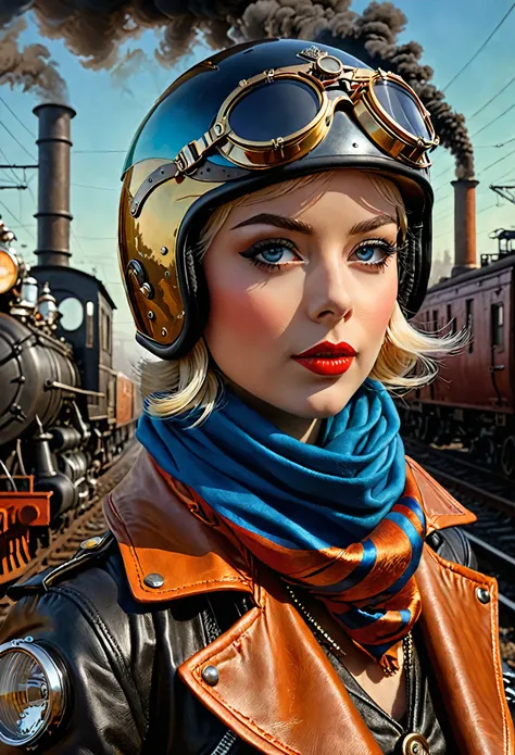 Steampunk, rococopunk, insanely detailed colorful portrait motorcycle rider, motorcycle helmet, goggles, scarf. Coby Whitmore, Margaret Keane, Ray Caesar, Lichtenstein, Fragonard. Cinematography Robert Richardson, Hugo style. Oil painting heavy strokes, be...