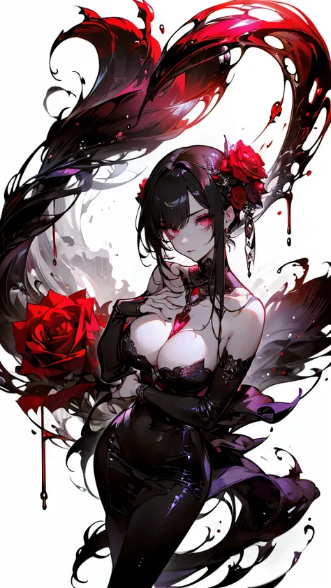 masterpiece，  best quality ，vampire，Blood-sucking liquid ，Rose，Gothic style，whole body， pure white background，detailed face， perfect body proportions ， Sparkling Eyes ，Sexy，Tattoo，Extremely beautiful，transparent，Elegant and luxurious，Stunning Beauty