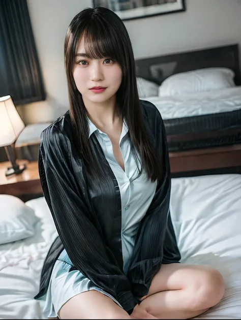 (((Night view)))、(sit on bed) ,(((Front open shirt)))、(black color stockings),long hair and bangs,High resolution、RAW Photosgraphy、Highest quality、masterpiece,(White skin),Highest quality、High resolution,RAW Photos,One person、Japanese women,(Realistic:1.4...