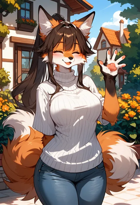 (score_9,score_8_up,score_7_up), (furry), (Anthro fox girl, brunette hair, orange fur), mature female, closed eyes, fox paws, pawpads, claws, long hair, ponytail, smile, blush, turtleneck sweater, denim jeans, medium breasts, wide hips, choker, outdoors, m...