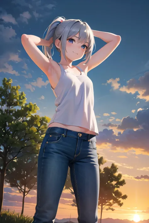 A beautiful young girl, 12years old, happily smiling, with a silver ponytail hairstyle and hair accessories, raising her arms behind her head, wearing a white tank top and partially unbuttoned jeans with flared legs, standing in a serene garden setting wit...