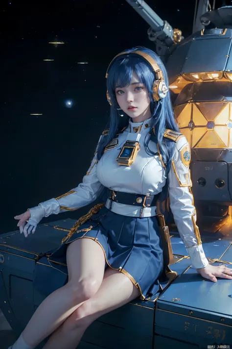 (Absurdly, high quality ,  very detailed on playground equipment,32K、High image quality、Ultra HD、 Golden Ratio Face )、((( Space Battleship Operator Woman、Woman operating a near-future spaceship with blue hair )))、((( headset、Tight white military uniform an...