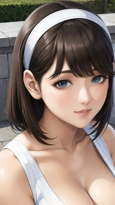 Nene Kasaki々、 Shiny brown hair , (beautiful brown eyes、Sparkling Eyes, fine grain)、smile、 very pretty eyes、 very detailed face, highly detailed eyes,
young woman、smile、((White horseshoe headband、Straight hair ))、、((masterpiece、 high resolution on down...