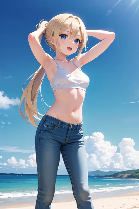 elegant girl in a peaceful sandy beach, 1 girl, , smiling happily, long blonde hair in ponytail, blue eyes, hair accessories, arms raised behind head, open mouth, white tank top, partially undressed, denim jeans, (best quality,4k,8k,highres,masterpiece:1.2...