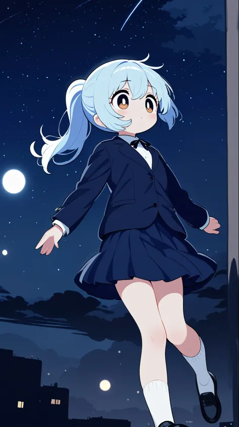 ((top quality)), ((masterpiece)), a girl with light blue hair and a ponytail. she is wearing a navy blue blazer and a navy knee-...