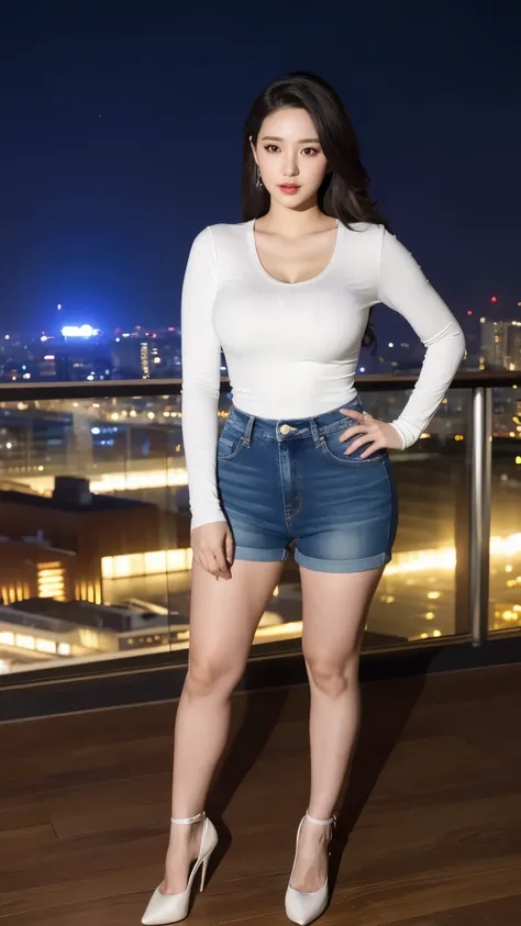 A sexy wife, korean idol, big hips, wavy hair, gigantic breasts, big things, casual white tight shirt with v-neck spandex long-sleeve, jeans shorts, high heels, in the night at rooftop, seoul skypercity view, moon, seductive expression, dynamic light, real...