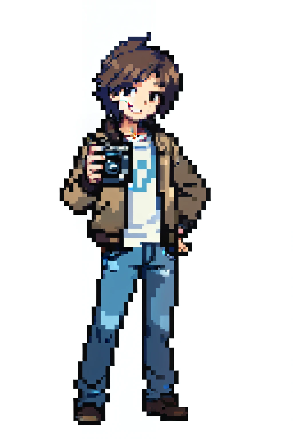 pixel art of a man, photographer, kind smile, full length, short brown hair, jeans, aviator jacket, with camera, white background