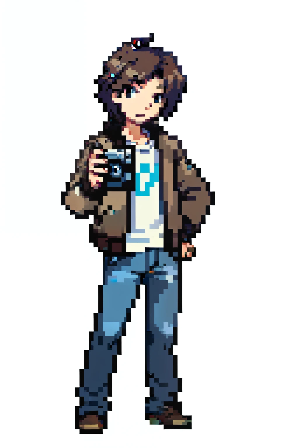 pixel art of a man, photographer, full length, neutral face, short brown hair, jeans, aviator jacket, with camera, white background
