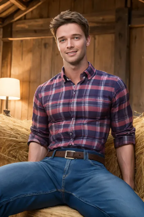 Patrick Schwarzenegger, (inside of barn), toned body, ((sitting on bales of hay)), legs spread open, slight smile, (tight red plaid shirt), denim blue jeans, belt, (shiny belt buckle), blue eyes, short brown hair, masterpiece, (((upper body portrait))), wi...