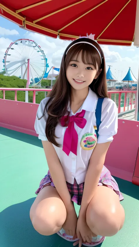 Best-quality, Masterpiece, Ultra-High-Resolution, (Photorealistic:1.4), Raw-Photo, full-body-shot, front-view, 1girl, the most famous Japanese idol, squatting at classroom, wearing Japanese-high-school-uniform, (extremely cute face like the most popular Japanese idol, (extremely beautiful big-eyes)), extremely beautiful hair, extremely beautiful skins, extremely beautiful long-eyelashes, extremely beautiful lips, extremely beautiful short-body, extremely beautiful thighs, innocent-smile, looking at viewer, dynamic-pose, detailed Japanese-high-school-uniform , too strong natural light, shining sun, crowd of women, image taken from slightly below, glittering lip gloss, sparkling eyes, cute headdress with spread genitals, cute hairband, ((elaborately designed, gorgeous and colorful adult shorts, high resolution panty portrait, highly detailed panty drawing))), ((unique pose showing off panties)), ((spreading legs, raising legs)) mouth slightly open, (((flipping up skirt by herself))), (flipping up by herself), panties with lace, small panties, attention to panties, (beach promenade, amusement park, ferris wheel, merry-go-round, cotton candy, arcade, roller coaster), one Japanese girl, very beautiful, facial beauty, standing, brown hair, heavy makeup, rooftop of a high-rise building, wind is blowing, she is staring seriously at the gun, thigh shot, pistol,