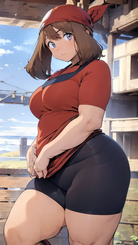 a single girl wearing a red short sports shirt and black cycling shorts((  cowboy shots )),brown hair, blue eyes,short hair, chu...